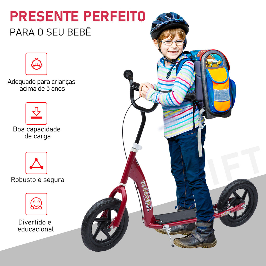 Trotinete com 2 Rodas de 12 Polegadas Trotinete para Crianças com Guiador Ajustável Freio e Cavalete Carga Máxima 100kg 120x52x80-88cm Vermelho — foto 5