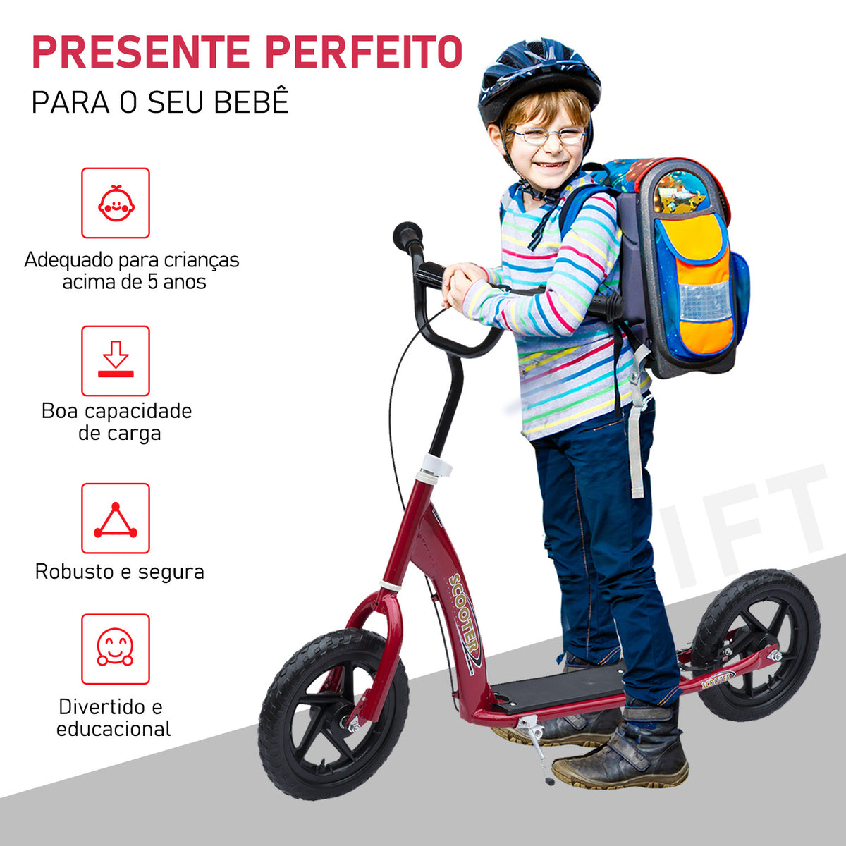 Trotinete com 2 Rodas de 12 Polegadas Trotinete para Crianças com Guiador Ajustável Freio e Cavalete Carga Máxima 100kg 120x52x80-88cm Vermelho — foto 5