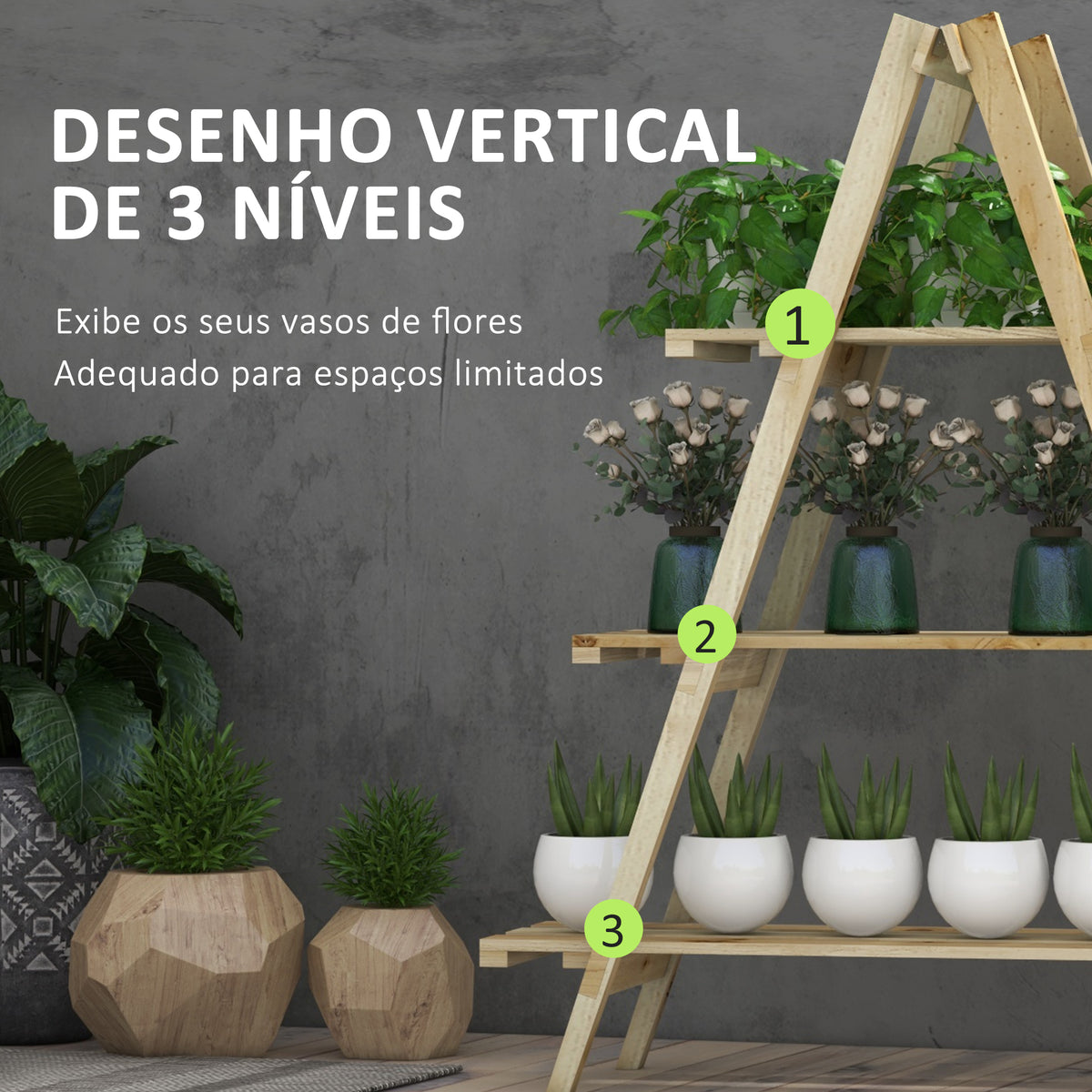 Suporte de Madeira para Plantas Dobrável Estante Decorativo para Vasos de 3 Níveis com Estrutura em Forma de A para Jardim Pátio Varanda 100x36x112 cm Natural — foto 4