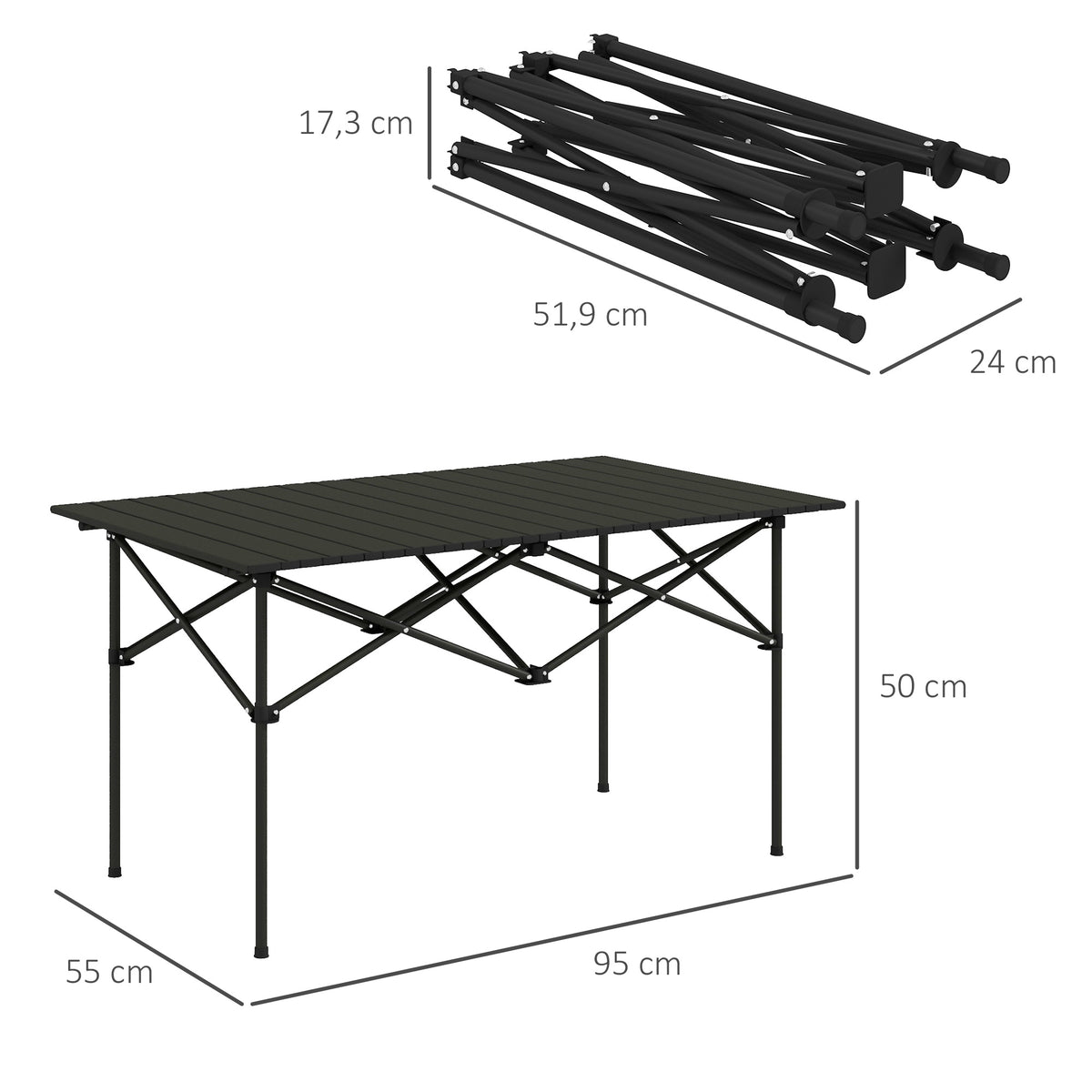 Mesa de Campismo Dobrável de Metal com Tampo Enrolável e Bolsa de Transporte Mesa de Piquenique Portátil para Campismo Trekking Praia e Barbecue 95x55x50 cm Preto — foto 3