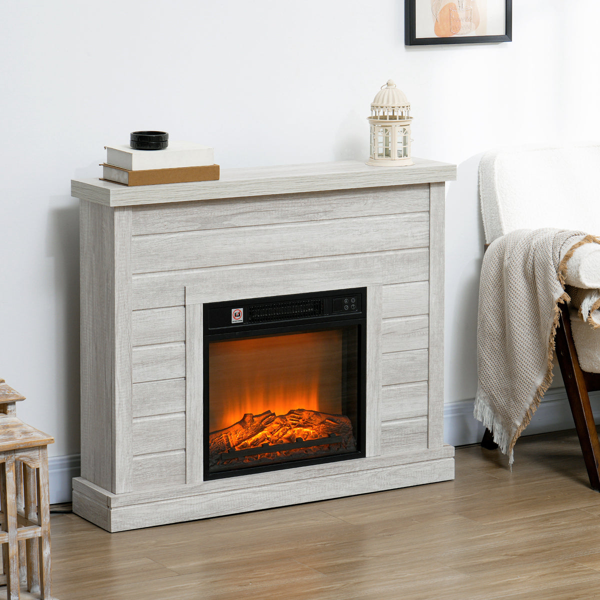 Lareira Elétrica 1800W Lareira Decorativa com Efeito de Chama Realista Controlo Remoto Temporizador Semanal Proteção Contra Sobreaquecimento para Ambientes de 30 m² 96,5x22x81,7 cm Madeira Clara — foto 2