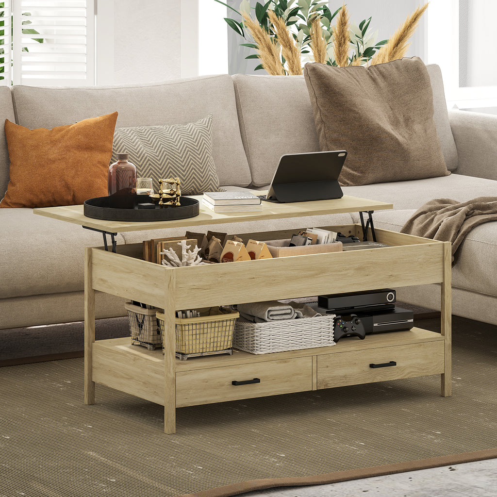 Mesa de Centro Elevável Mesa de Centro com Bancada Elevável Espaço Oculto de Armazenamento Gavetas e Prateleira Aberta 100x50x48-62 cm Carvalho — foto 2