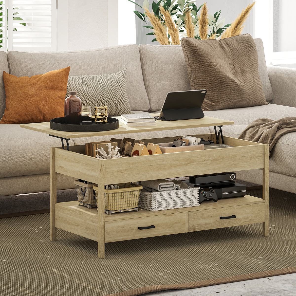 Mesa de Centro Elevável Mesa de Centro com Bancada Elevável Espaço Oculto de Armazenamento Gavetas e Prateleira Aberta 100x50x48-62 cm Carvalho — foto 2