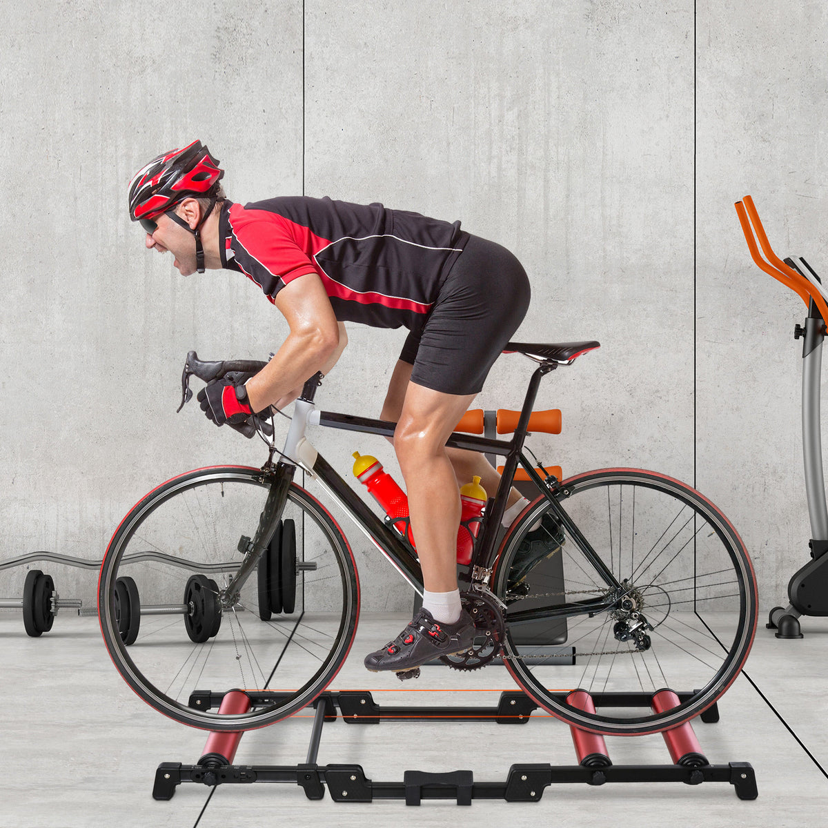 Rolos de bicicleta Treinamento Interno Rolo dobrável ajustável para ciclismo com pedal Esteira transportadora Suporta até 150 kg 146x55x10.5 cm Vermelho e preto — foto 2