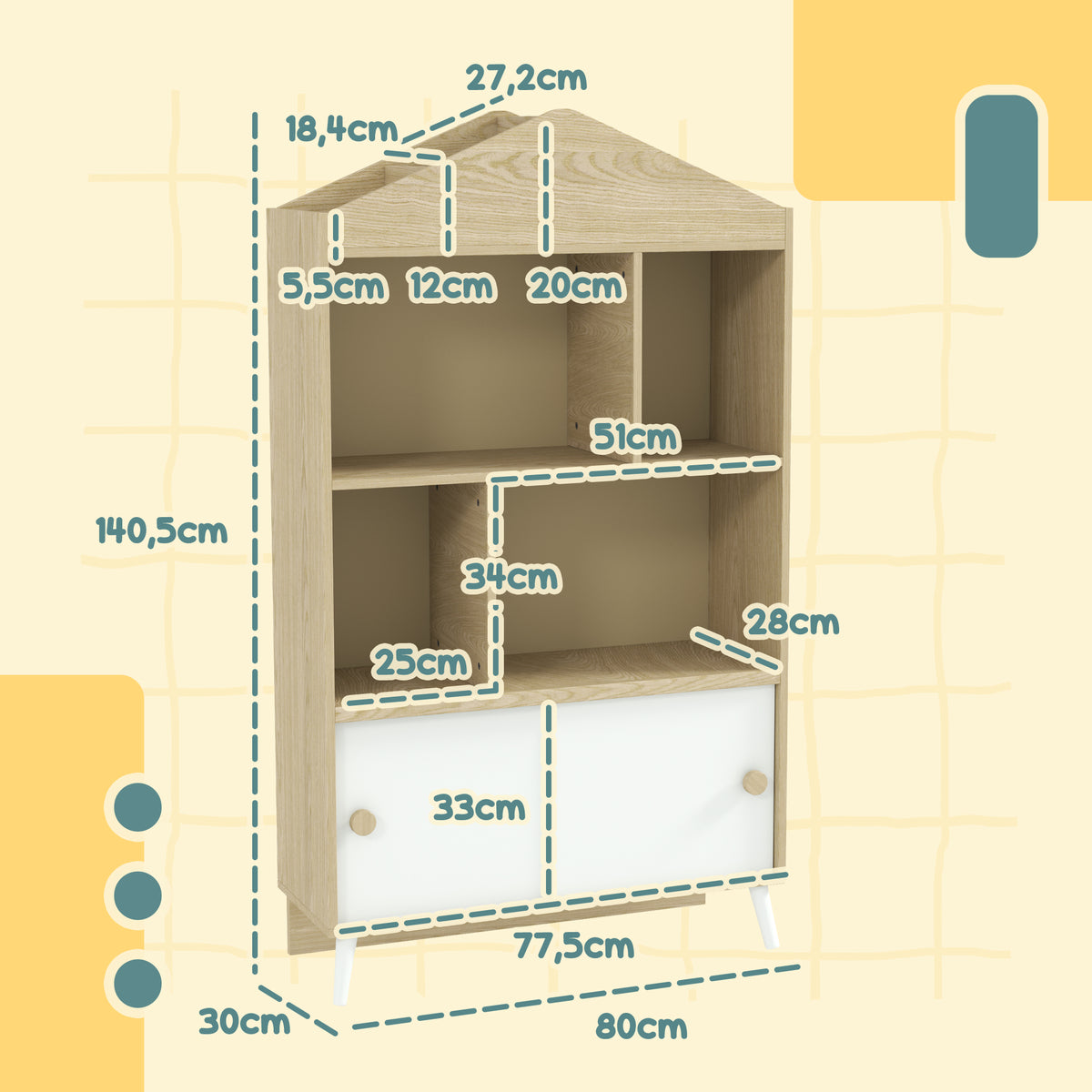 Estante Infantil de Madeira com 4 Compartimentos Estante de Livros para Crianças com Prateleiras Abertas e Armário para Domitório Sala de Jogos 80x30x140,5 cm Branco e Madeira — foto 3