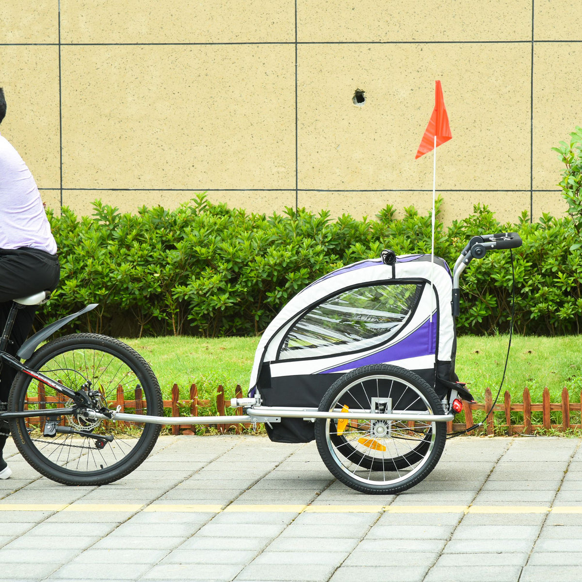 Reboque de Bicicleta para Crianças 2 em 1 com 2 Lugares Convertível em Carrinho de Passeio com Roda Dianteira Giratória a 360° Roxo — foto 2