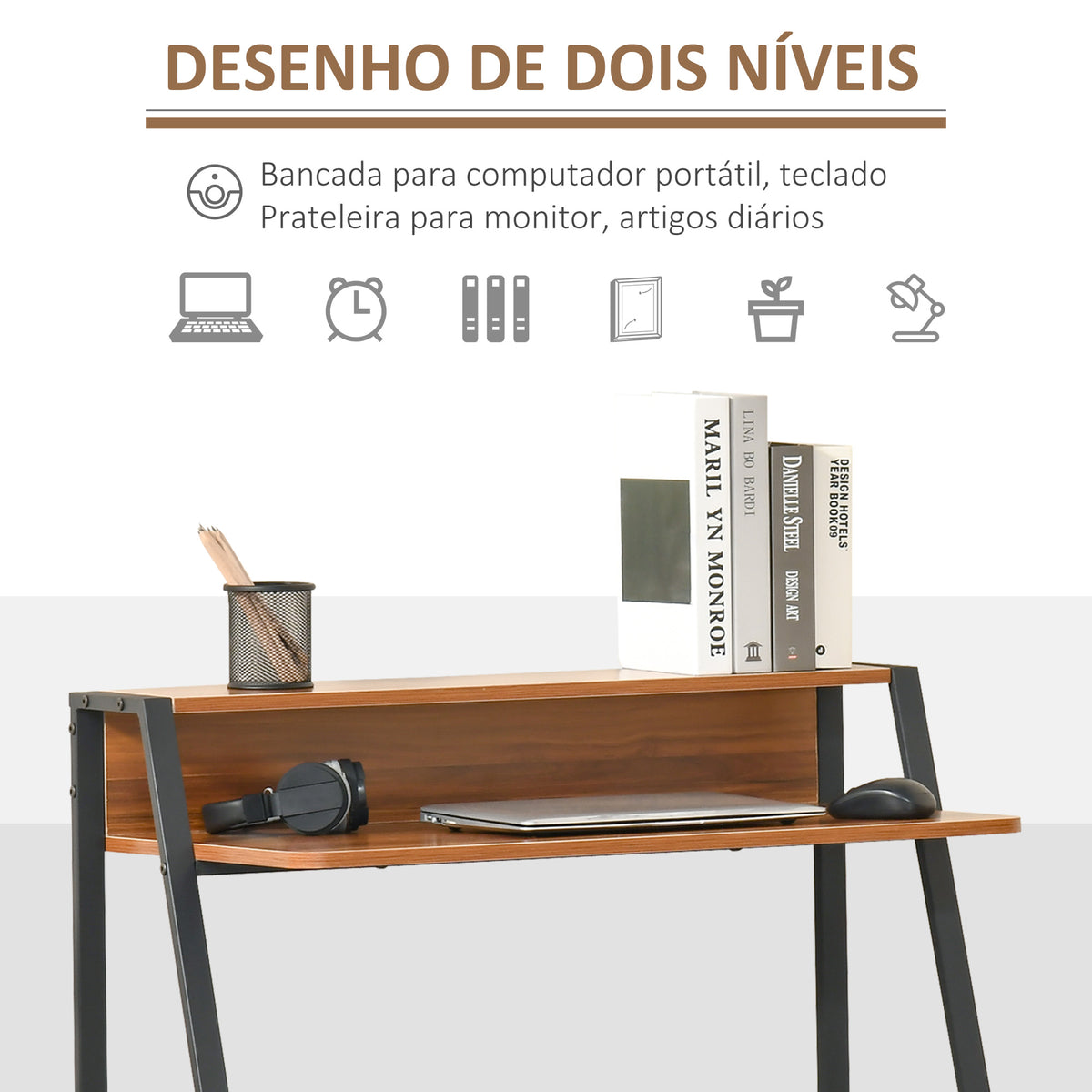 Essenza Secretária Mesa de Computador 84x45x85cm Bancada Madeira Pés Metal Nogueira e Preto — foto 4