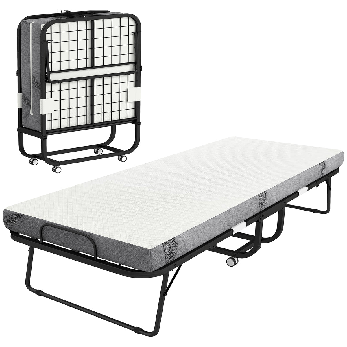 Cama Dobrável 200x90x42,5cm Cama de Campismo Portátil com Colchão Individual Rodas e Freios Carga Máxima 150kg para Dormitórios Branco — foto 1