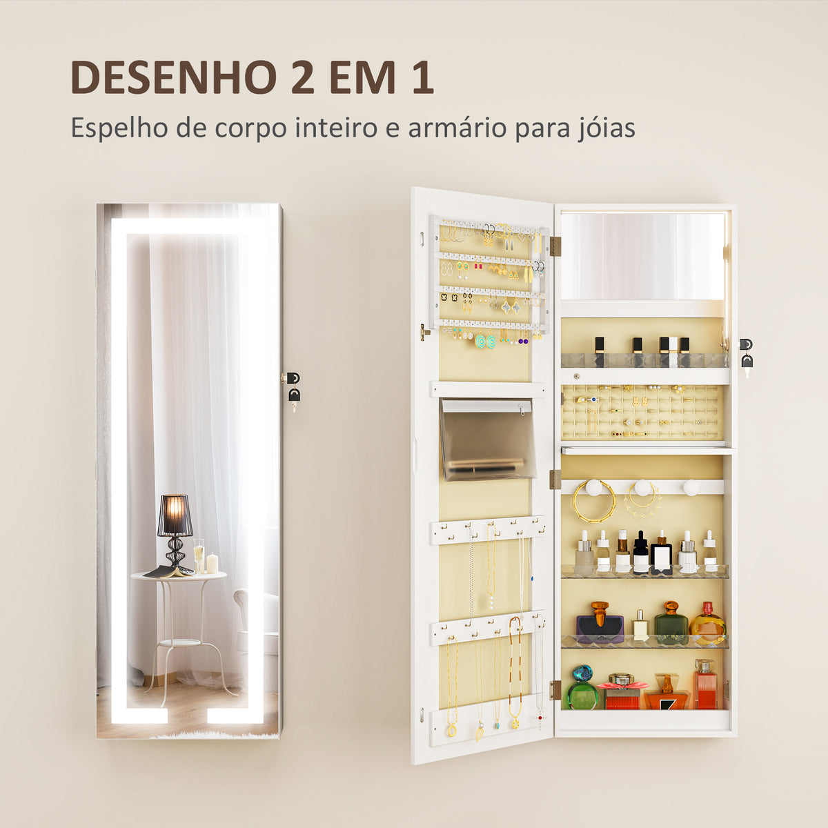 Espelho Joalheiro de Parede Espelho de Parede com Luzes LED e Fechadura Armário para Jóias para Pendurar na Parede ou na Porta 37x10,5x108 cm Branco — foto 4