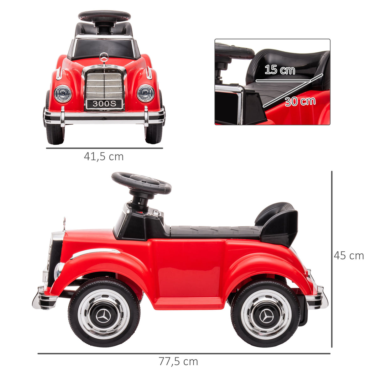 Carro Andador com Licença da Mercedes-Benz 300S Carro Andador para Crianças de 18-48 Meses com Armazenamento Volante Sistema Anti-Tombo Carga 25 kg 77,5x41,5x45 cm Vermelho — foto 3
