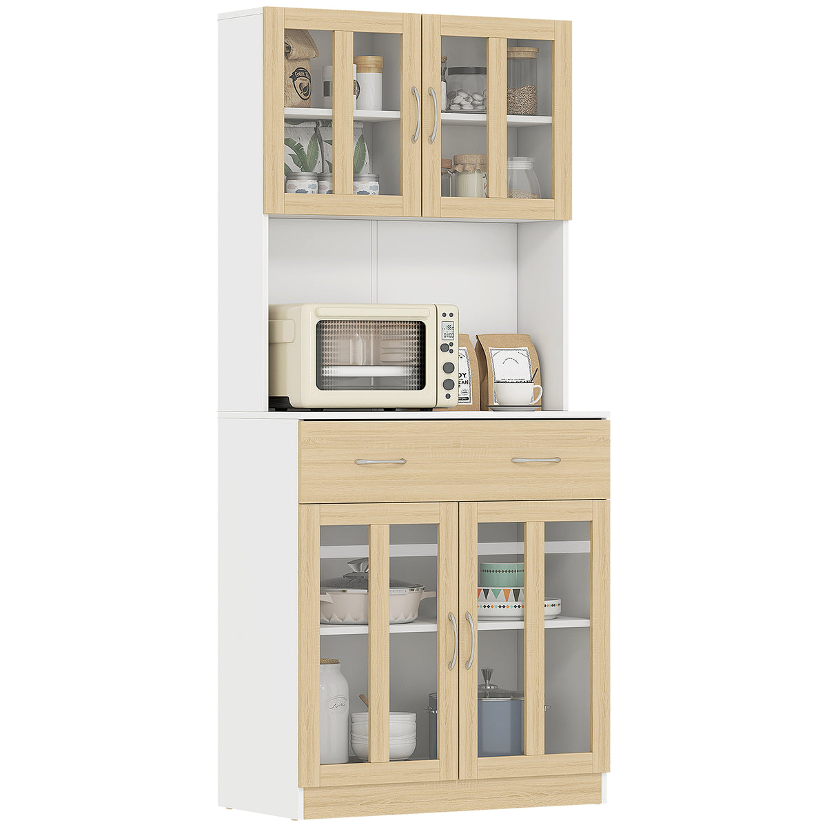 Aparador de Cozinha Alto Móvel Auxiliar de Cozinha com 4 Portas de Vidro Bancada Aberta para Micro-Ondas Gaveta Prateleiras Ajustáveis 80x40x180 cm Branco e Madeira — foto 1