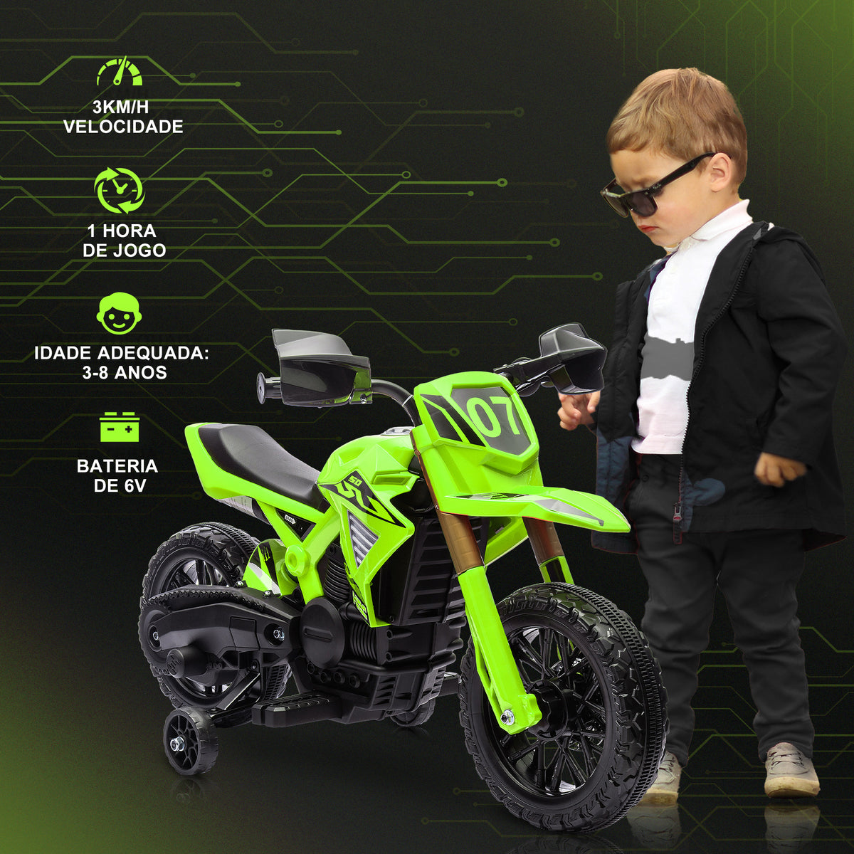 AIYPLAY Mota Elétrica para Crianças acima de 3 Anos Moto a Bateria para Crianças 6V com Rodas de Treino e Buzina Mota para Crianças Carga 30 kg 105x57x62 cm Verde — foto 4