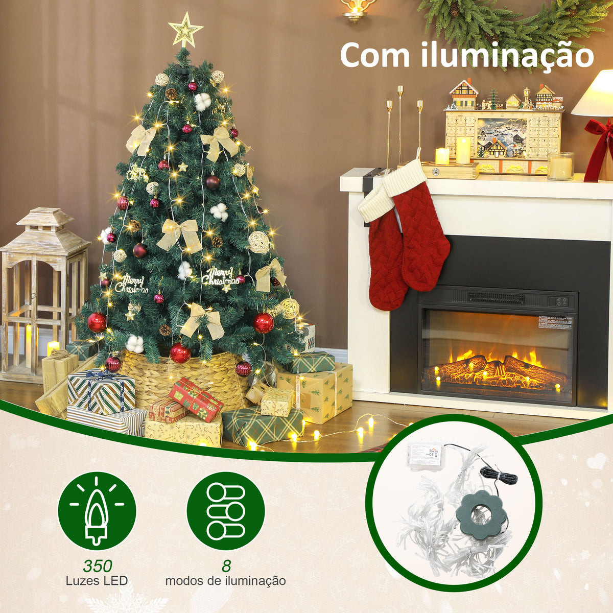 Árvore de Natal de 150 cm com Decorações 150 Luzes LED Branco Quente Árvore de Natal Decorada com 8 Modos de Iluminação 480 Ramos Suporte de Aço Decoração para Casa Festa Interior Verde — foto 5
