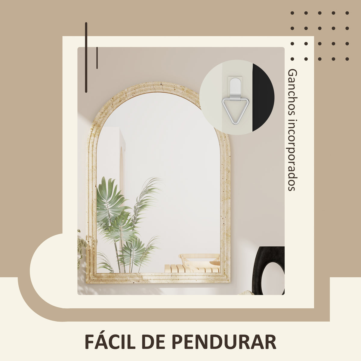 Espelho de Parede Arqueado Espelho de Casa de Banho 50x70 cm com Moldura de Imitação de Pedra Estilo Moderno para Sala Quarto Entrada e Corredor Bege — foto 5