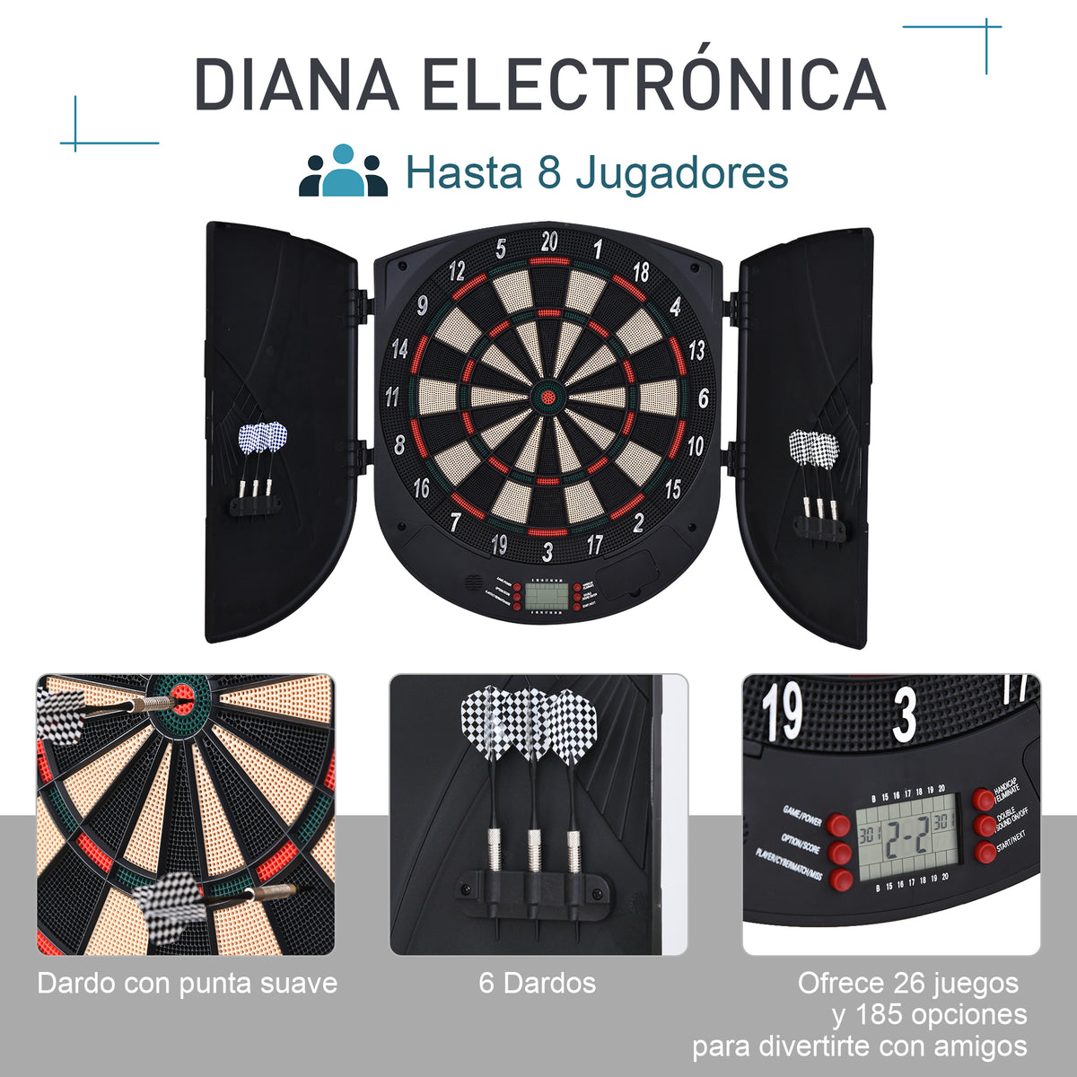 Alvo Eletrónico Digital com 6 Dardos até 8 Jogadores Marcador Portas Laterais Tela LCD 46.5x4.4x50.5 cm Preto — foto 6