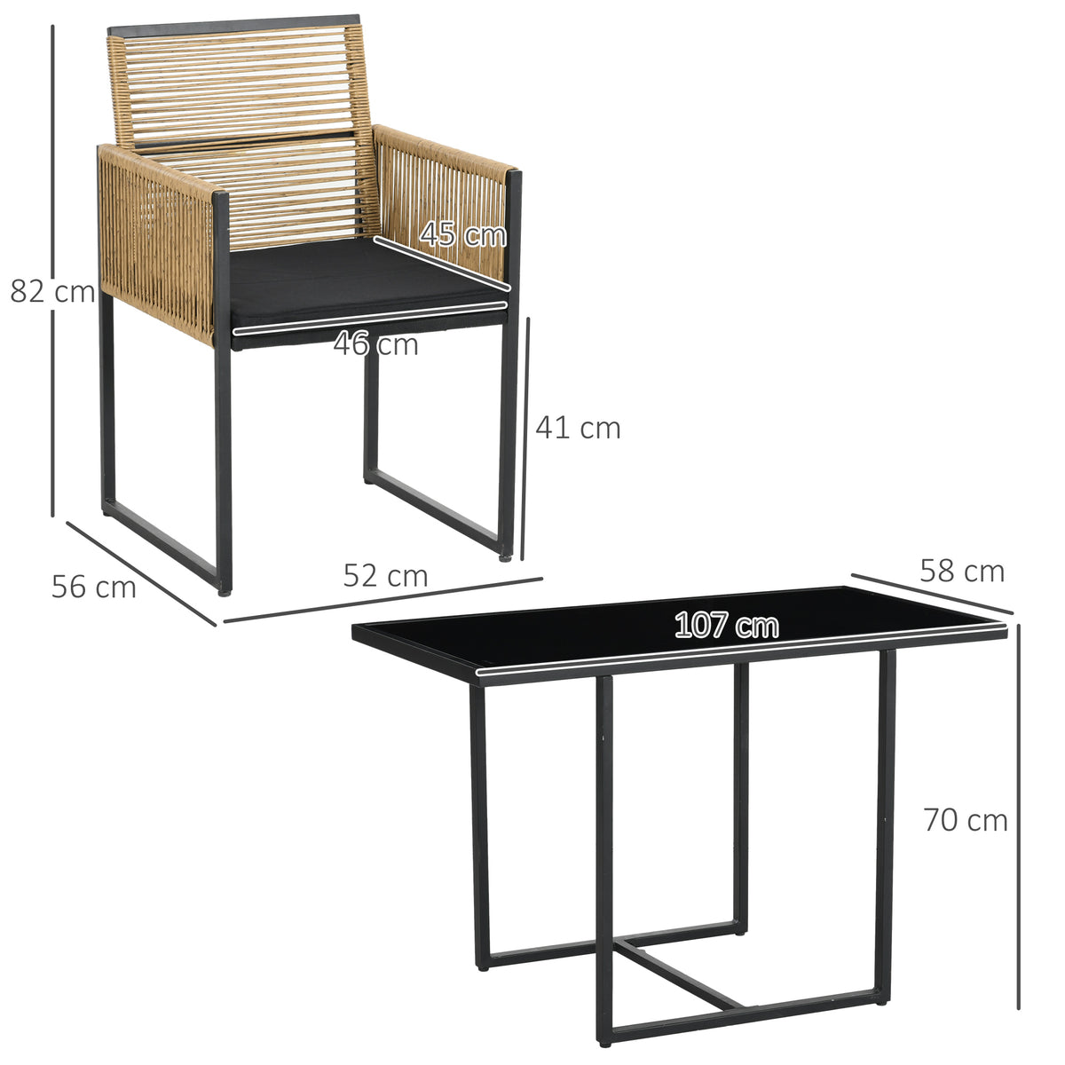 Conjunto de Mesa e Cadeiras de Jardim Conjunto de 3 Peças com 2 Cadeiras com Encosto Dobrável e Almofadas e Mesa de Vidro para Terraço Pátio Natural e Preto — foto 3