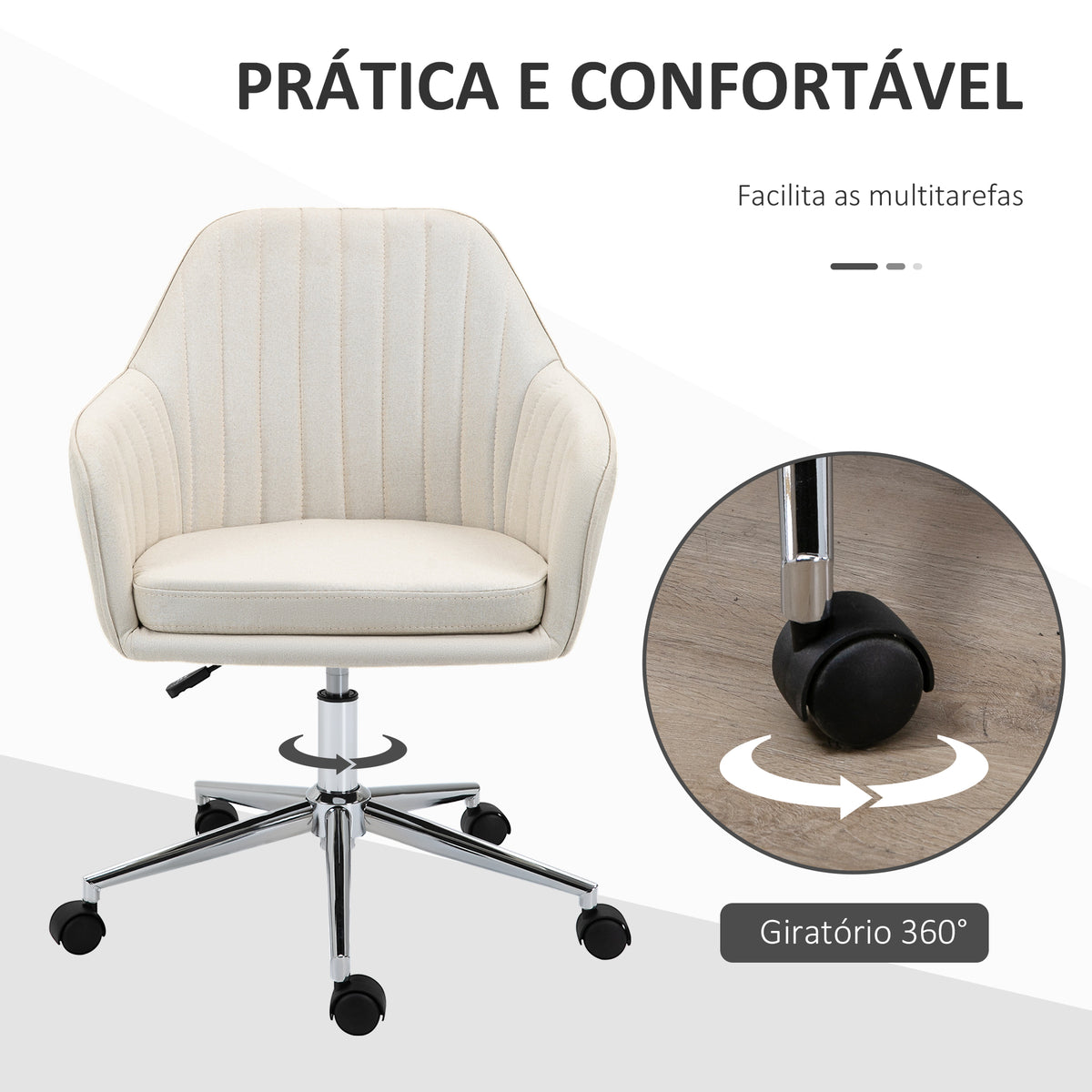 Cadeira de Escritório Cadeira de Secretária com Altura Regulável e Base Giratória para Escritório ou Estudo Suporta até 120 kg 61x59x86-96 cm Bege — foto 5