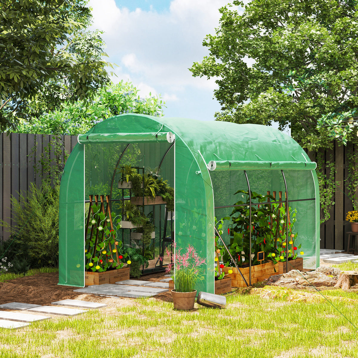 Estufa Tipo Túnel 296x196x200 cm Estufa de Jardim com 3 Portas e 6 Janelas Enroláveis Estufa com Teto Curvo para Cultivo de Plantas Flores Verde — foto 2