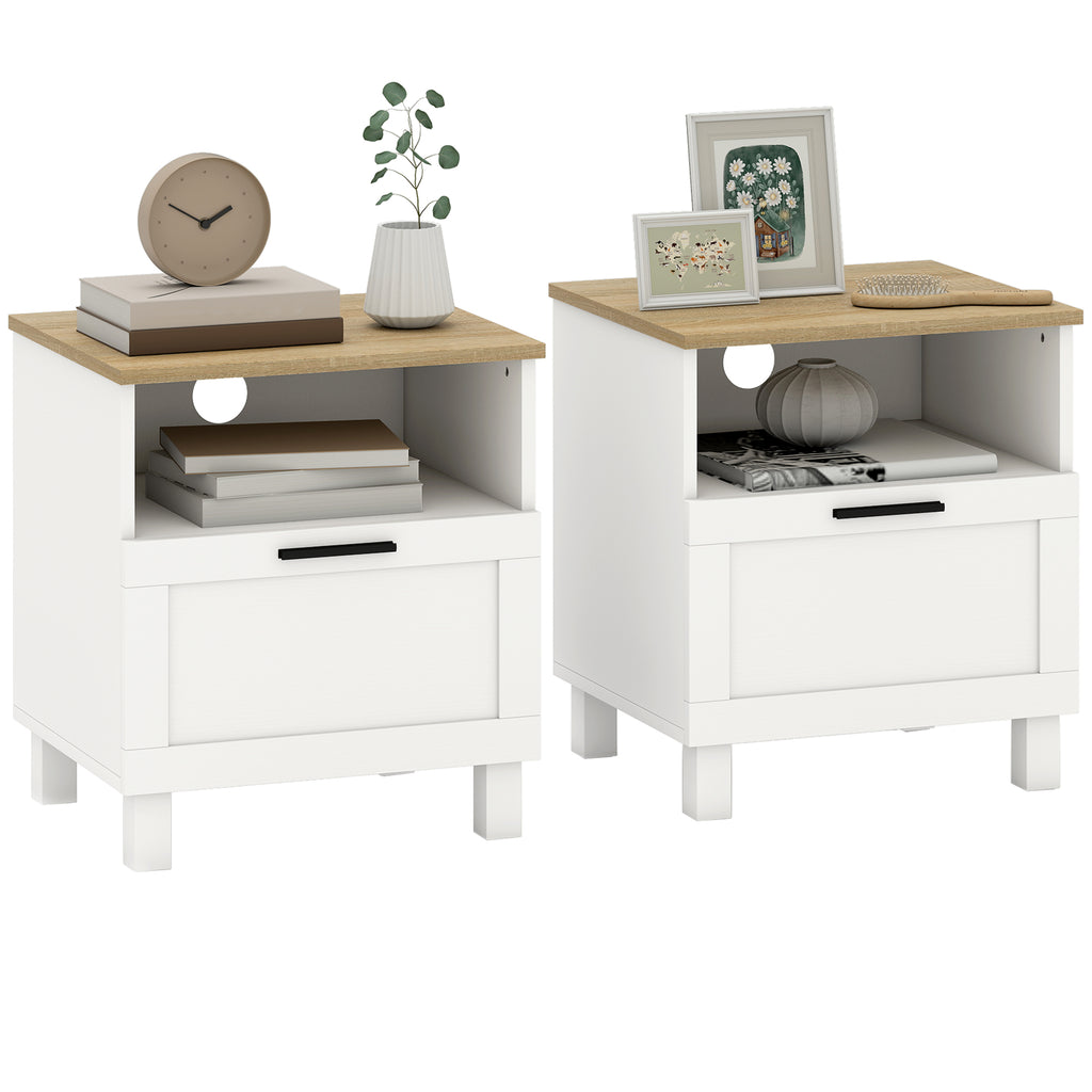 Conjunto de 2 Mesas de Cabeceira Modernas Mesas de Cabeceira com Gaveta Compartimento Aberto Pés de Madeira Mesa Auxiliar para Sala Dormitório 45x38x50 cm Branco — foto 1
