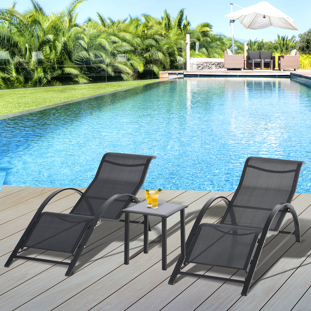 2 Espreguiçadeiras de Jardim 59x169x66 cm com Mesa 41x41x45 cm Vidro Temperado Apoio de Braços para Pátio Piscina Varanda Exterior Preto — foto 2
