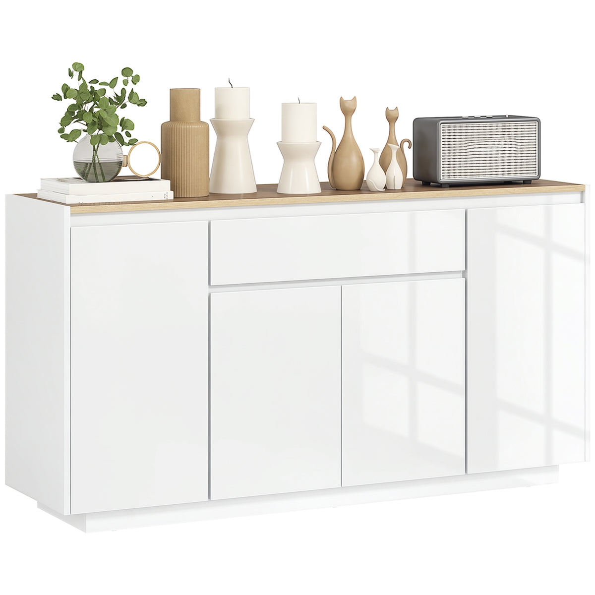 Aparador de Sala de Estar Aparador com 4 Portas Gaveta e Prateleiras Ajustáveis Móvel Aparador para Sala de Estar Dormitório 140x40x75 cm Madeira e Branco Brilhante — foto 1