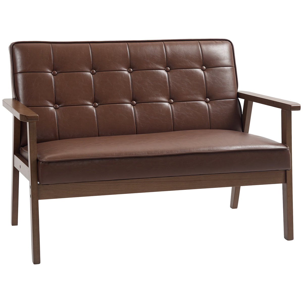 Sofá de 2 Lugares Sofá de 2 Lugares Estofado em Couro PU com Apoio para os Braços de Madeira Encosto Acolchoado Carga 250 kg para Sala de Estar Dormitório 115x70x81 cm Marrom — foto 1