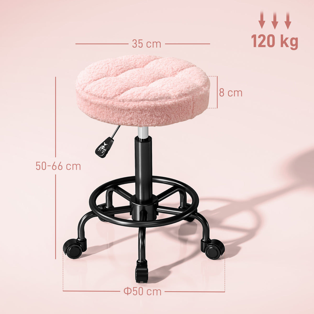 Banco Giratório Redondo Banco com Rodas Altura Regulável 50-66 cm Assento Estofado em Tecido tipo Borreguito para Salões Oficinas Spa Massagem Rosa — foto 3
