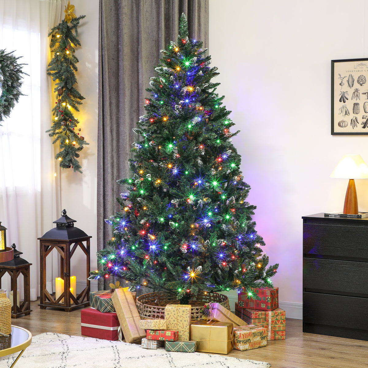 Árvore de Natal 210 cm Árvore Natalícia de Abeto com Luzes LED 9 Modos de Iluminação 1160 Ramos com Neve Artificial Suporte Metálico Fácil de Montar Verde — foto 2