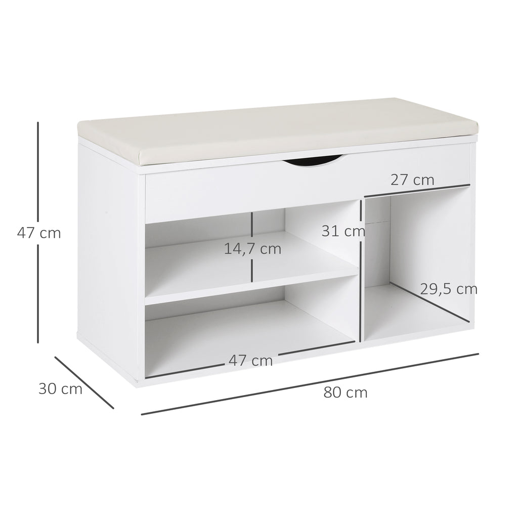 Banco Sapateira com Armazenamento Gaveta Prateleira e Assento Acolchoado para Entrada Estilo Moderno 80x30x47cm Branco — foto 3