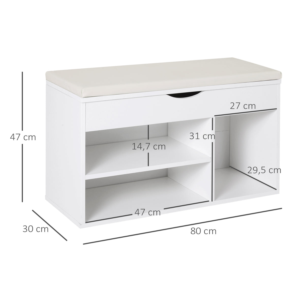 Banco Sapateira com Armazenamento Gaveta Prateleira e Assento Acolchoado para Entrada Estilo Moderno 80x30x47cm Branco — foto 3