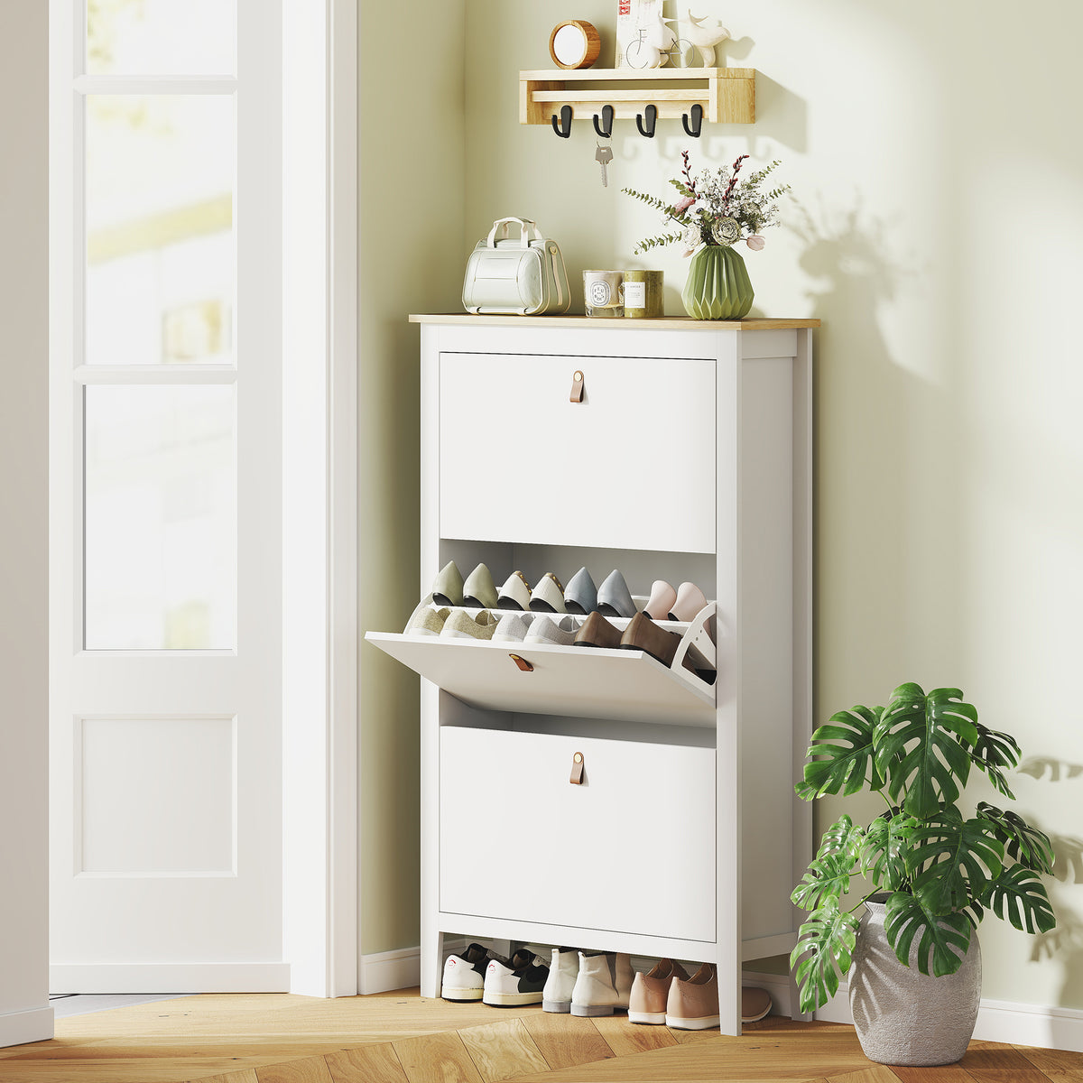 Sapateira Estreita Móvel Sapateira para Entrada com 3 Gavetas Abatíveis Prateleiras Ajustáveis e Puxadores em PU para 21 Pares de Sapatos para Corredor 80x24x131 cm Branco — foto 2