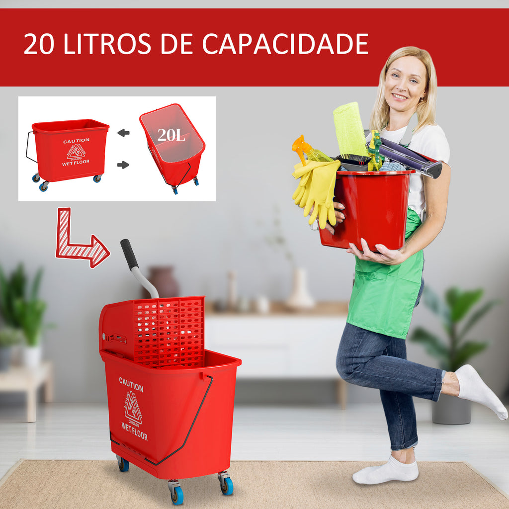 Balde de Esfregona com Rodas, 20 L, Balde de Limpeza com Escorredor e Pega de Transporte, para Uso Doméstico e Comercial, Vermelho — foto 4