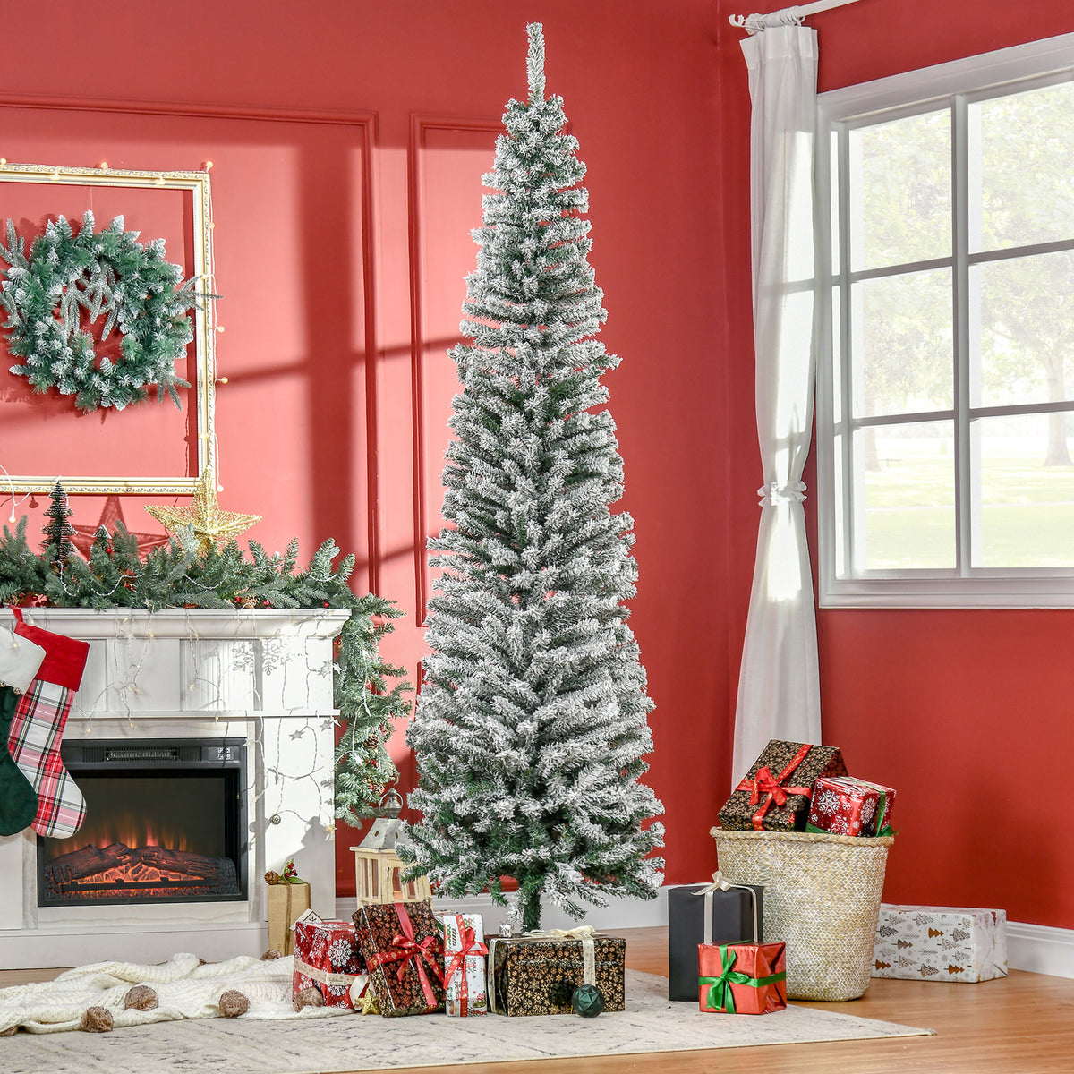 Árvore de Natal 225 cm Árvore de Natal Artificial Nevado com 738 Ramos e Suporte de Metal Árvore de Natal para Sala de Estar Verde e Branco — foto 2