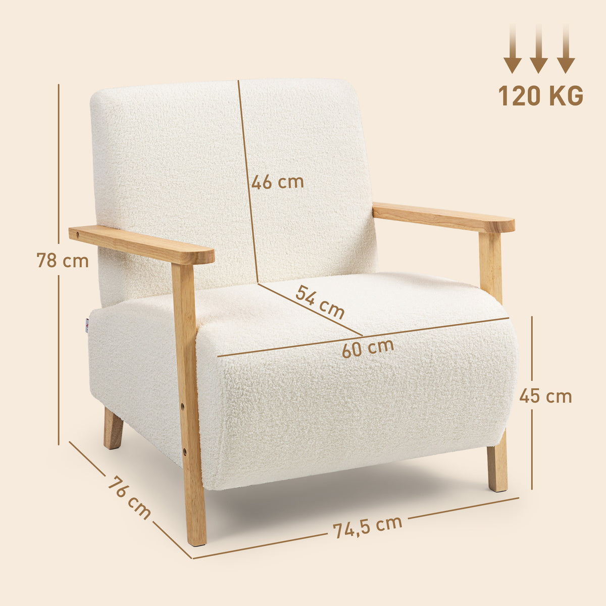 Poltrona Nórdica Poltrona Sala de Estar Estofada em Borrego com Apoio para os Braços de Madeira Acolchoado Espesso e Pés de Madeira para Dormitório 74,5x76x78 cm Creme — foto 3