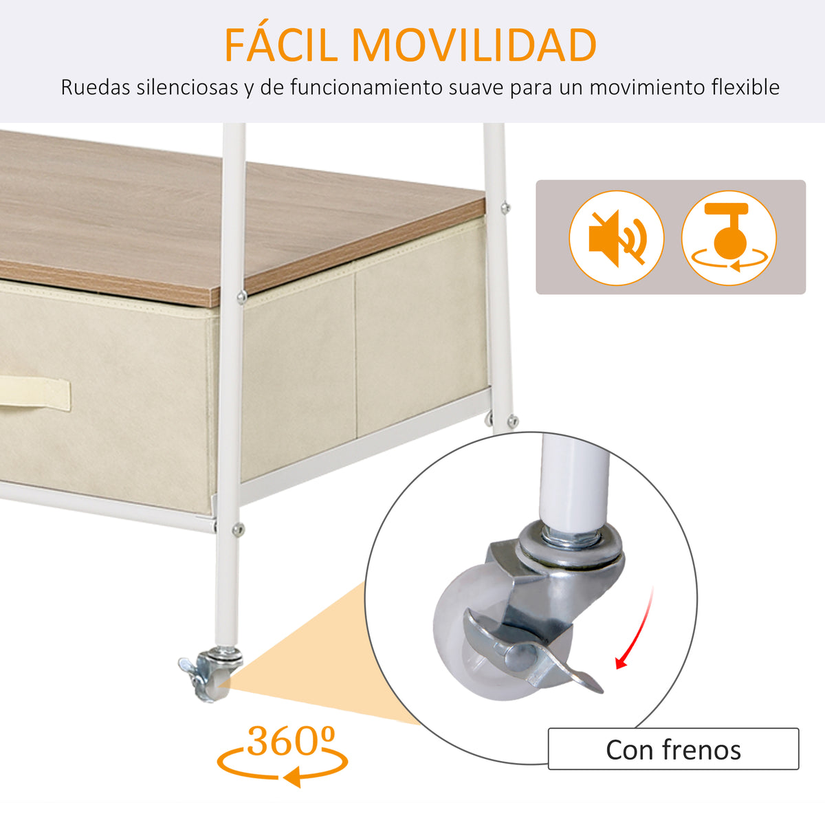 Suporte para Cabides de Metálico Cabideiro com Rodas Prateleira e 2 Gavetas para Organizar Roupas Bolsos Sapatos 99x47x185cm Branco — foto 5