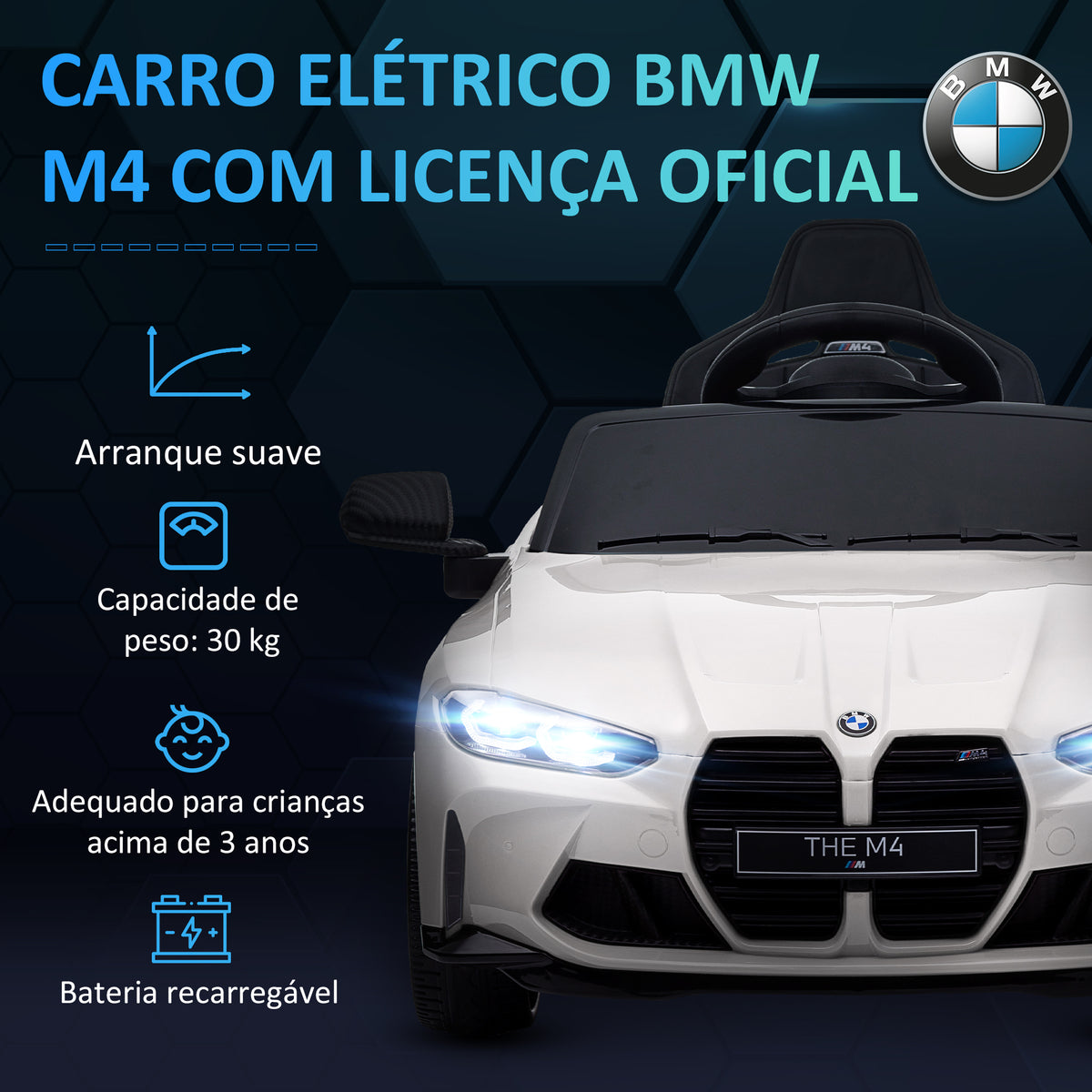 Carro Elétrico para Crianças BMW M4 Veículo Elétrico para Crianças 12V com Controlo Remoto Faróis Buzina Música Velocidade 3-5 km/h Cinto de Segurança Branco — foto 4