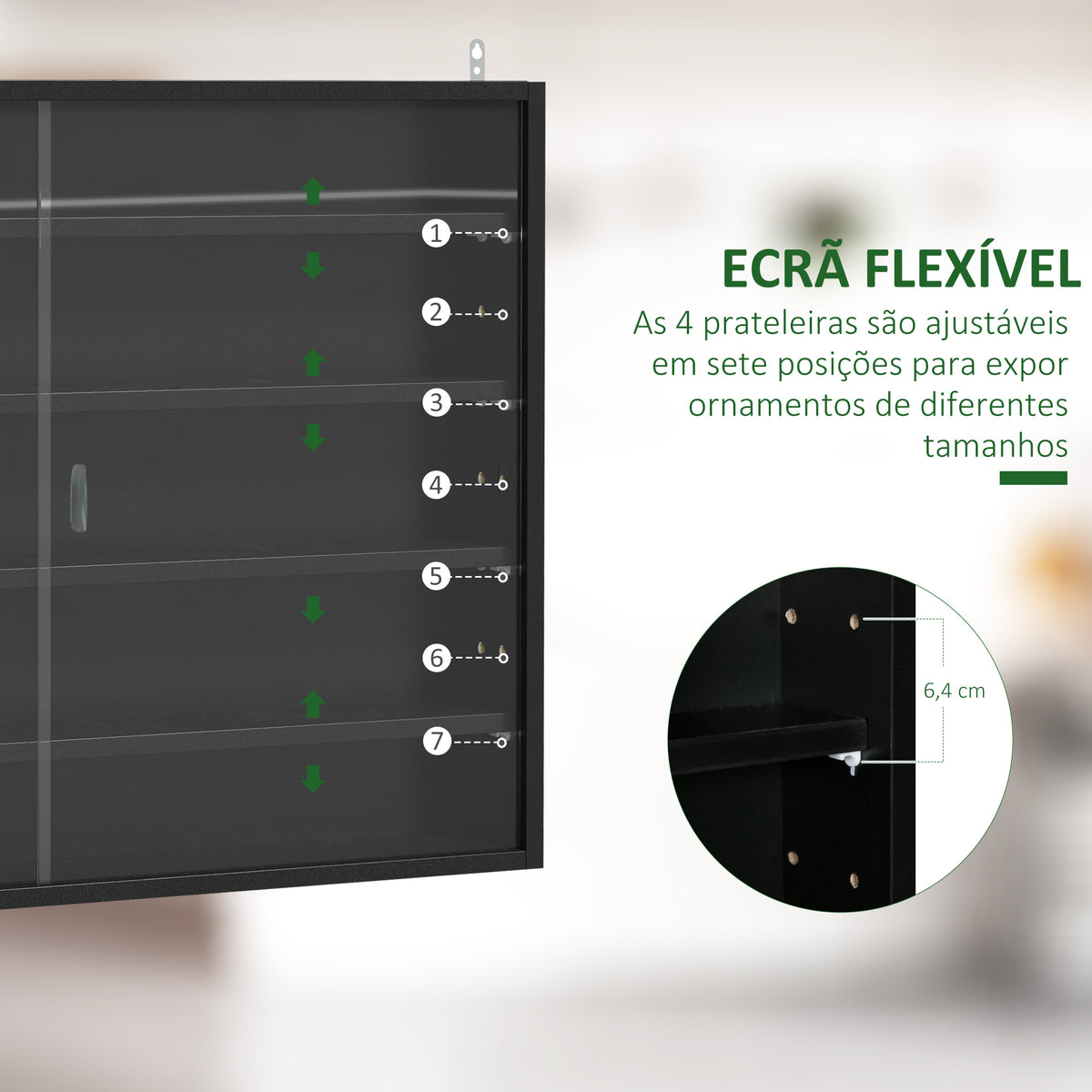 Vitrine de Parede de Madeira com Prateleiras Ajustáveis e 2 Portas Corredeiras de Vidro para Coleções Perfumes Bonecos de Decoração 80x9,5x60cm Preto - Modelo 1 — foto 4