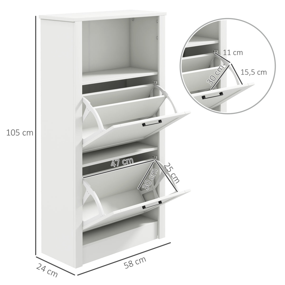 Sapateira Estreita com 2 Portas Sapateira para Entrada com Prateleiras Ajustáveis e Compartimento Aberto para 10 Pares de Sapatos 58x24x105 cm Branco — foto 3