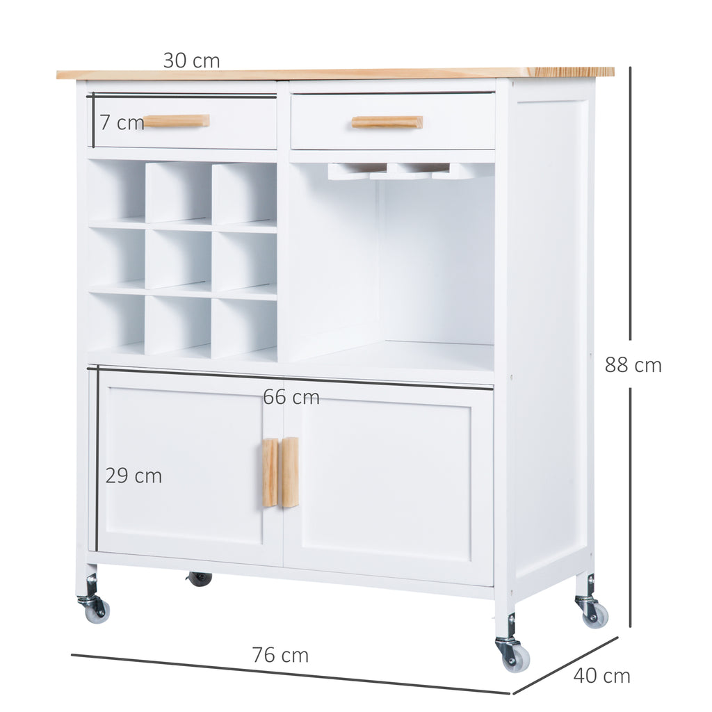 Carrinho de Cozinha Auxiliar com Rodas Carrinho de Cozinha com 2 Gavetas Suporte para 9 Garrafas Suporte para Taças Prateleira Aberta e Armário 76x40x88cm Branco — foto 3