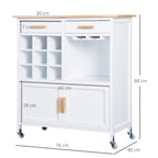 Carrinho de Cozinha Auxiliar com Rodas Carrinho de Cozinha com 2 Gavetas Suporte para 9 Garrafas Suporte para Taças Prateleira Aberta e Armário 76x40x88cm Branco — foto 3