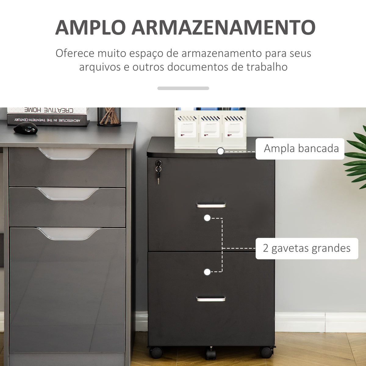 Bloco de Gavetas de Escritório Móvel Auxiliar para Arquivos com 2 Gavetas Fechadura 2 Chaves 5 Rodas e 2 Freios para Estúdio Escritório Dormitório 43x45x72cm Preto — foto 5