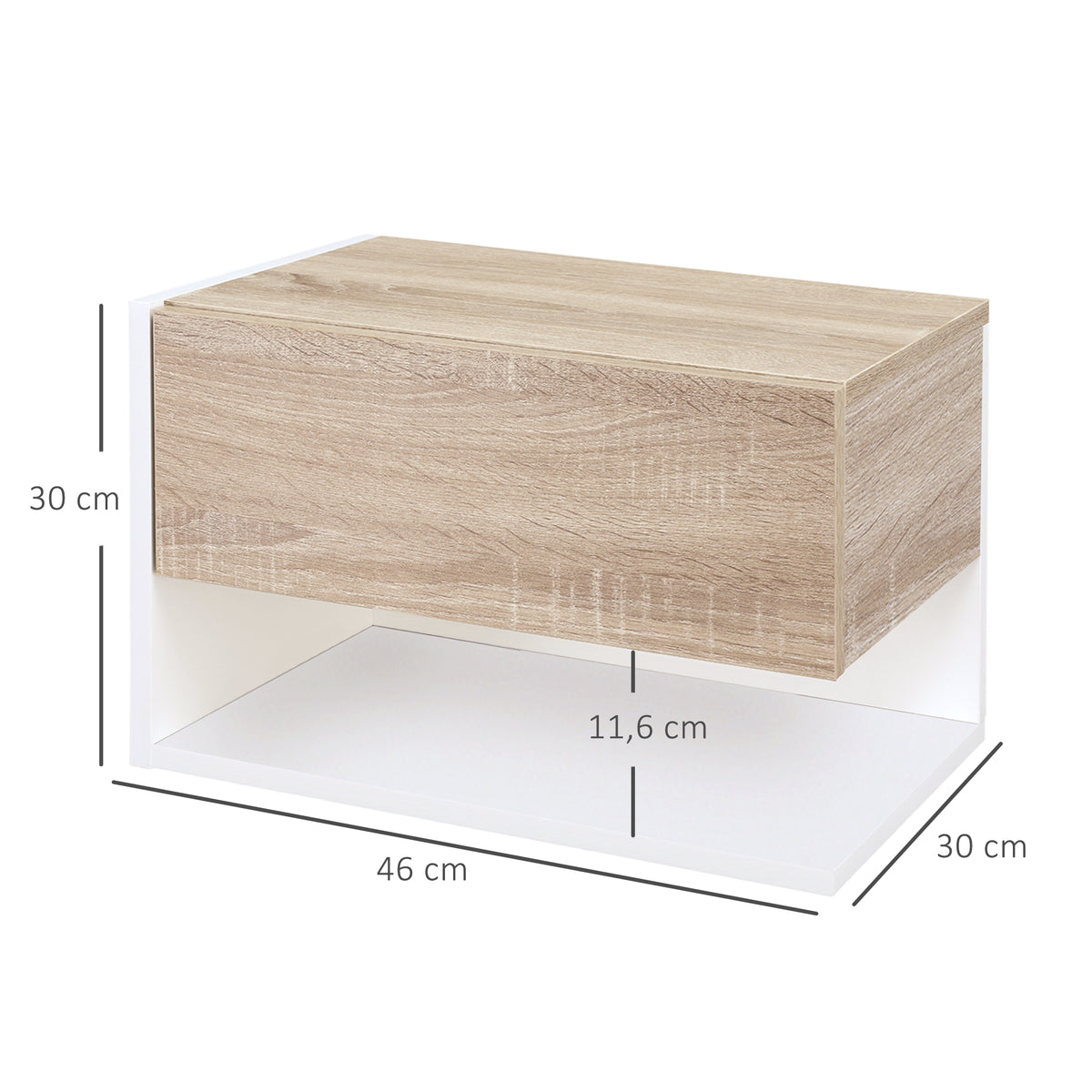 Conjunto de 2 Mesas de Cabeceira Flutuantes Mesas de Cabeceira Suspensas com 1 Gaveta e Prateleira Aberta para Dormitório 46x30x30 cm Carvalho e Branco — foto 3
