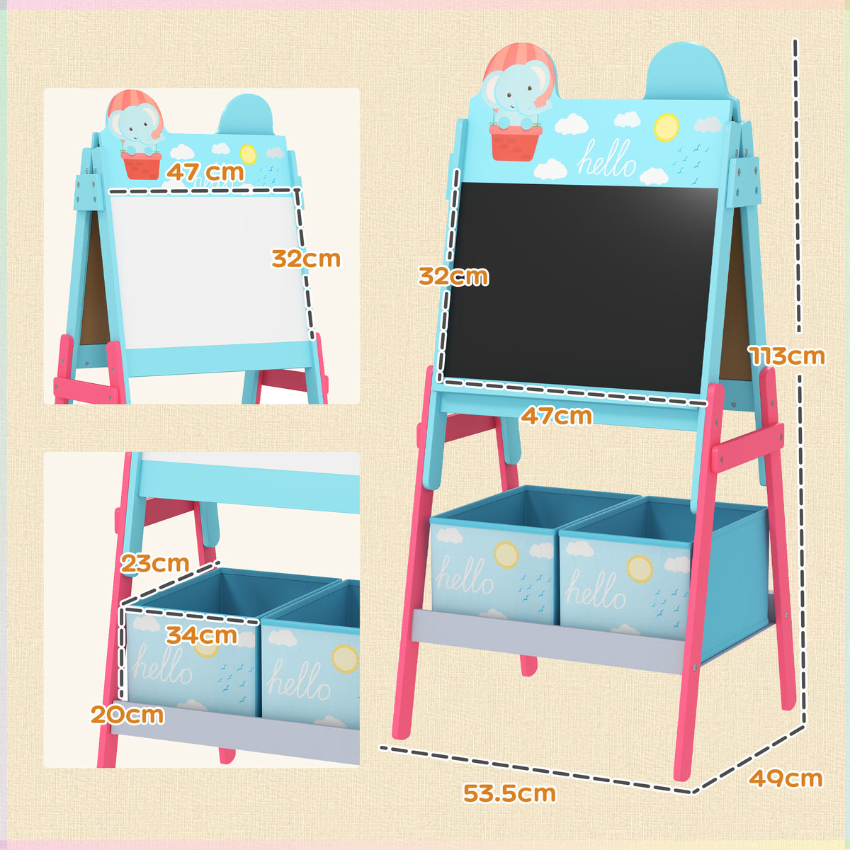 Cavalete para Crianças 2 em 1 Arsósia Infantil com Dupla Face 2 Caixas de Arrumação Cavalete de Pintura para Crianças com Estampa em Animais 53,5x49x113 cm Azul — foto 3