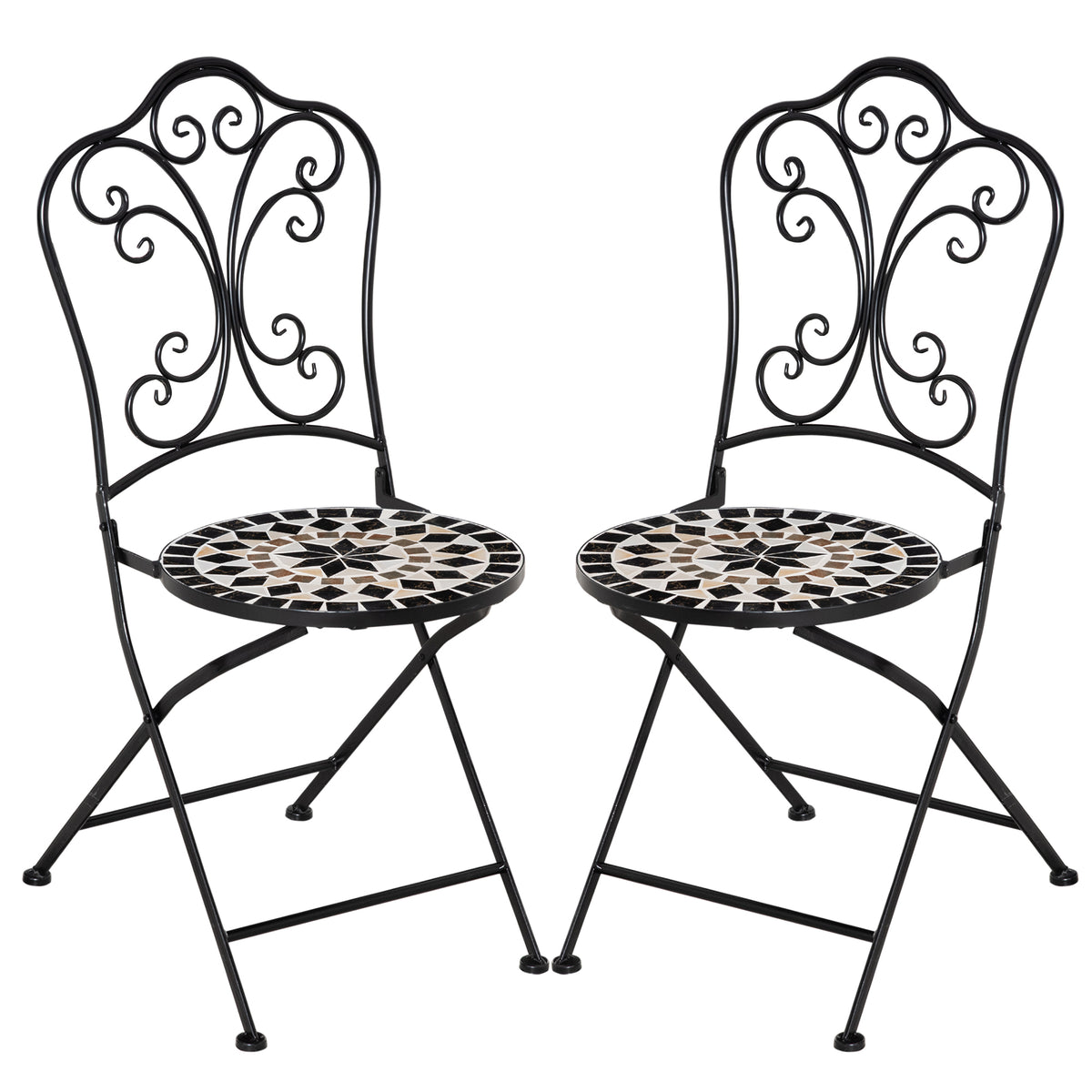 Conjunto de 2 Cadeiras Dobráveis de Mosaico Cadeiras de Jardim com Assento de Cerâmica e Estrutura de Metal Carga Máxima 120kg para Terraço Pátio Exterior 40x50x92cm Preto — foto 1