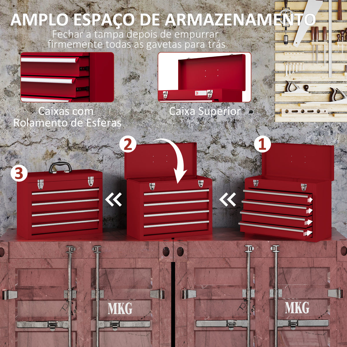 Caixa de Ferramentas de Aço com 2 Gavetas Tampa Abatível e Fechaduras Metálicas Mala de Ferramentas Portátil para Oficina Bricolage Casa 51x22x39,5 cm Vermelho — foto 5