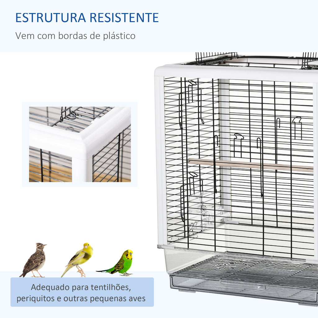 Gaiola para Passáros Gaiola com Teto com Abertura 2 Comedouros 2 Poleiros Bandeja Removível Acrílica e Alça de Transporte para Periquitos Canario 47x35x57,5cm Branco e Preto — foto 6