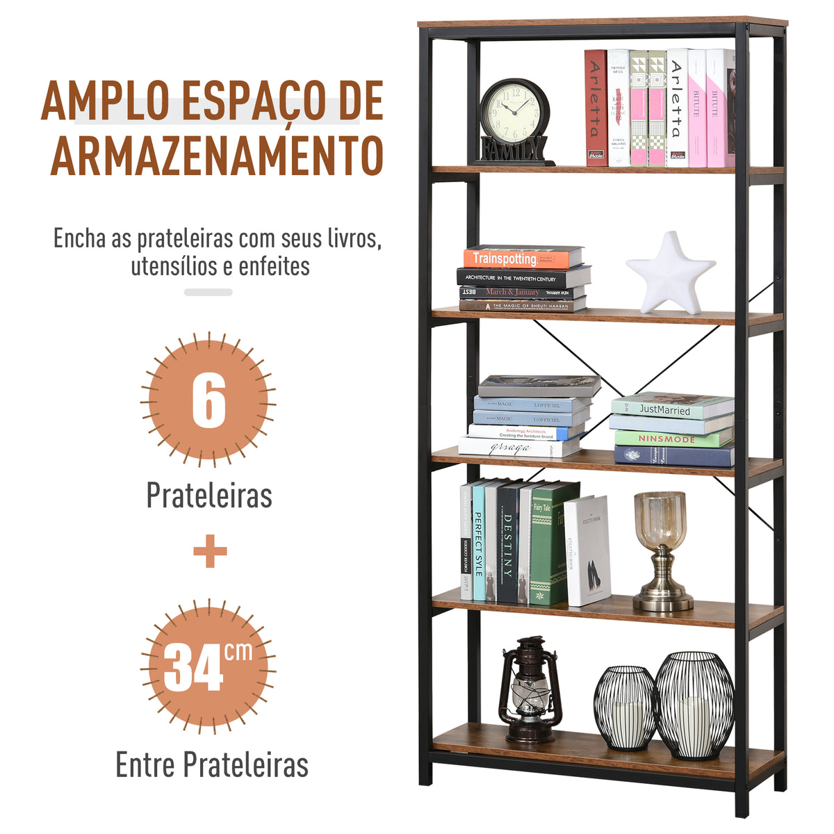 Estantes de estilo industrial com 6 prateleiras abertas para livros Armazenamento da sala de estar Escritório 80x30x180 cm Castanho Rústico — foto 5