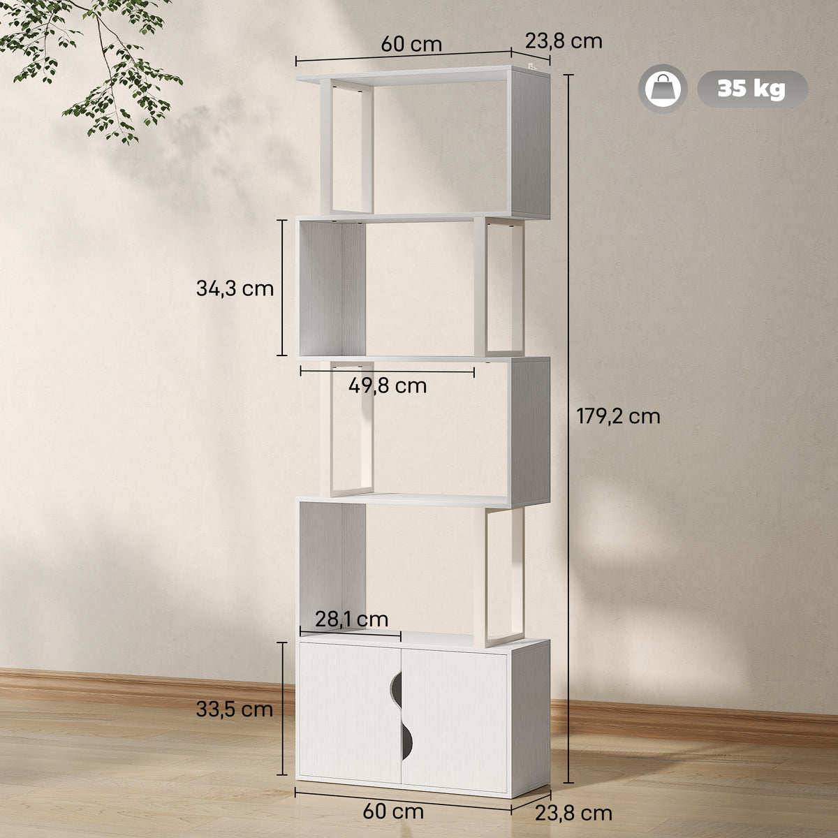 Estante de 5 Níveis em Forma de S Estante de Livros com 5 Prateleiras e 2 Portas para Sala de Estar Escritório Estúdio Dormitório 60x23,8x179,2 cm Branco — foto 3