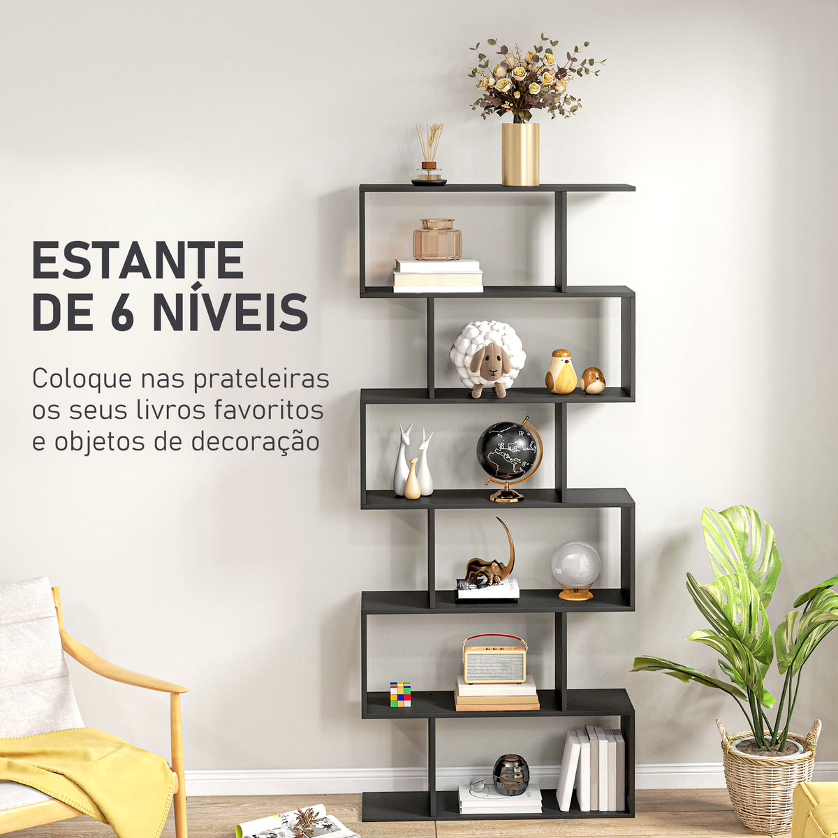 Estante para Livros Moderna Estante com 6 Prateleiras para Sala de Jantar Sala de Estar Estúdio 80x23x192 cm Preto — foto 4
