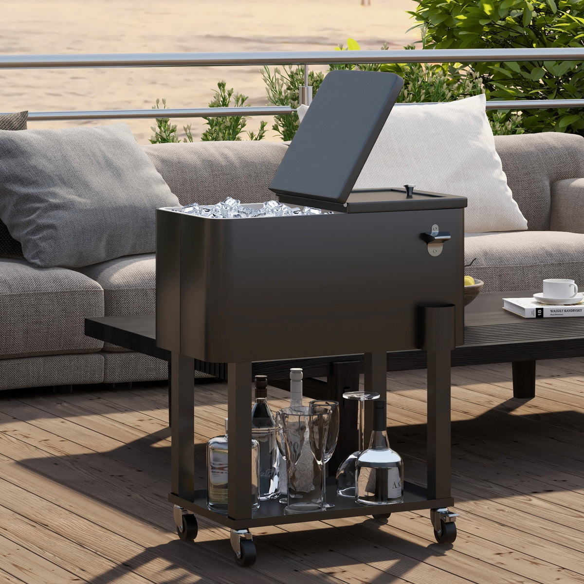 Carrinho Refrigerador de Bebidas de 56L Carrinho Refrigerador com Rodas Abridor de Garrafas e Prateleira para Pátio Festas Terraço Praia 67x35x80 cm Preto — foto 2